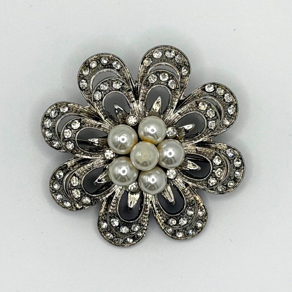 Vintage Flower Brooch – Rhinestones & Pearl Cluster Center